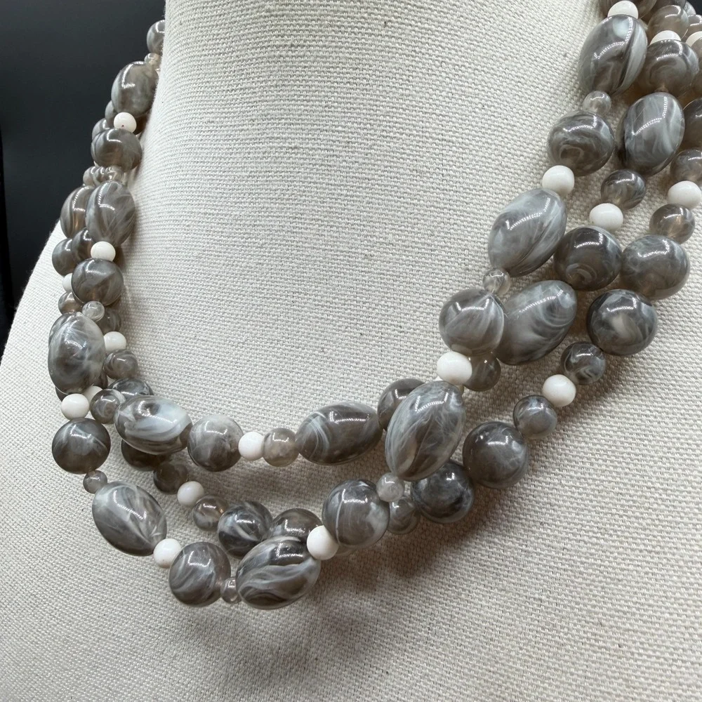 Gray Marbled Beaded Multi Strand Statement Necklace White Accent Beads Chunky